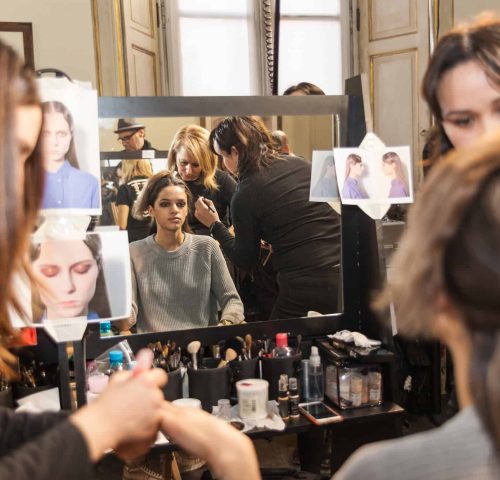 MILAN, ITALY - FEBRUARY 28: backstage  at the Cividini show during the Milan Fashion Week Autumn/Winter 2015 on February 28, 2015 in Milan, Italy.